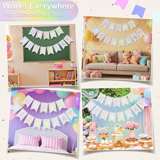 Happy Birthday Banner - Pre‑Strung Burlap Birthday Decorations and Reusable Birthday Sign for Men, Women & Kids | Party Supplies Backdrop (Macaron)