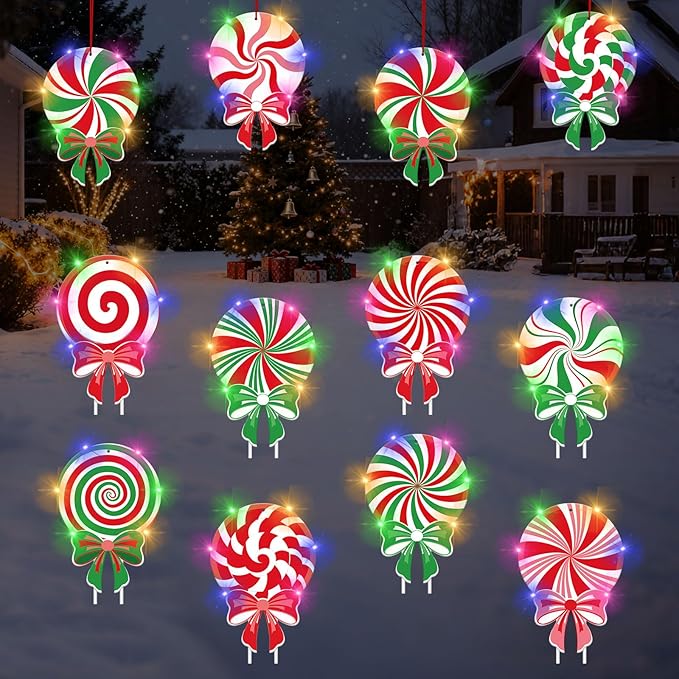 12 PCS Christmas Candy Yard Signs with LED Lights, Peppermint Lollipop Xmas Outdoor Decorations with Stakes, Christmas Garden, Yard, Lawn, Patio, Pathway Decor
