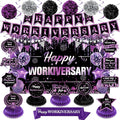 Happy Work Anniversary Decorations Black and Purple Happy Workiversary Banner Honeycomb Centerpieces Hanging Swirls Tissue Paper Pompoms Sash Set for Women Office Employee Worker Appreciation Supplies