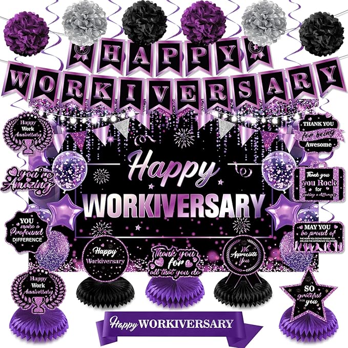 Happy Work Anniversary Decorations Black and Purple Happy Workiversary Banner Honeycomb Centerpieces Hanging Swirls Tissue Paper Pompoms Sash Set for Women Office Employee Worker Appreciation Supplies