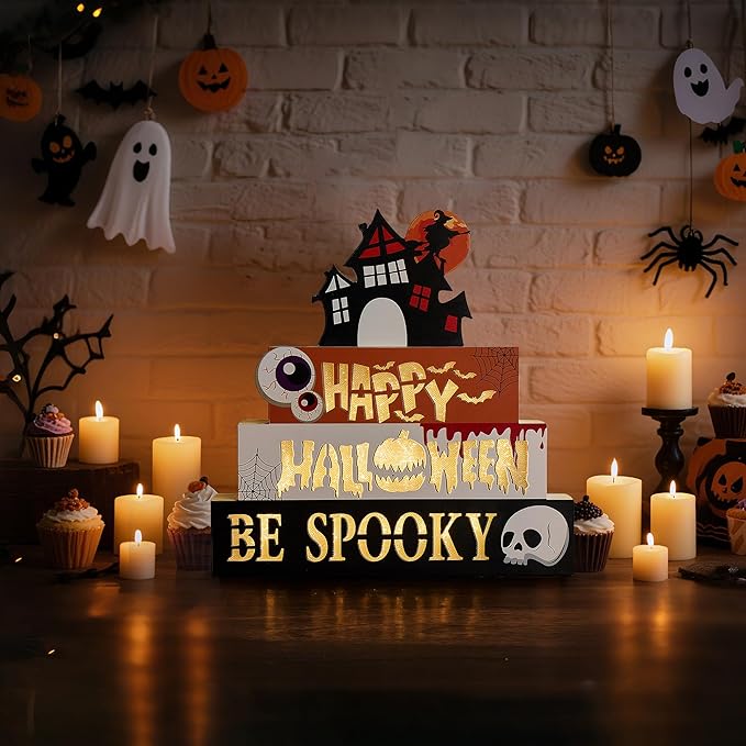 Halloween Decorations Indoor 9.4" 4-Tier Wooden Block Set with Glowing 3D Letters, Witch's House Topper, Battery Operated Spooky Halloween Décor Built-in Timer for Home, Mantel, Shelf, Table Decor