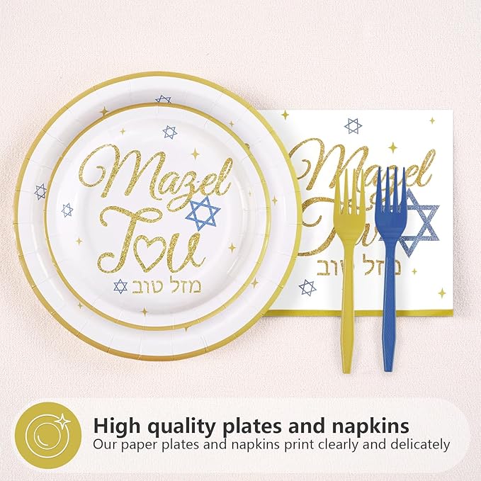 96Pcs Mazel Tov Party Decorations Congratulations Plates and Napkins Gold Blue Disposable Paper Tableware Set for Bar Mitzvah Bat Mitzvah Jewish Birthday Wedding Engagement Party Supplies Serves 24