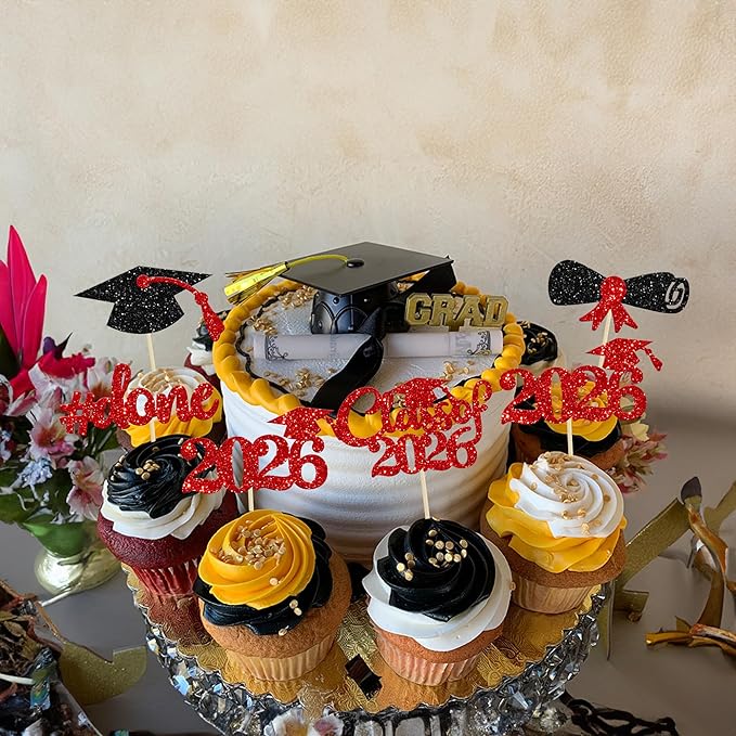 Gyufise 30Pcs 2026 Graduation Cupcake Toppers Red Glitter Class of 2026 Cake Toppers Graduation Done Cupcake Picks Grad Cap Diploma Cake Decorations for 2026 Theme Party Cake Decorations