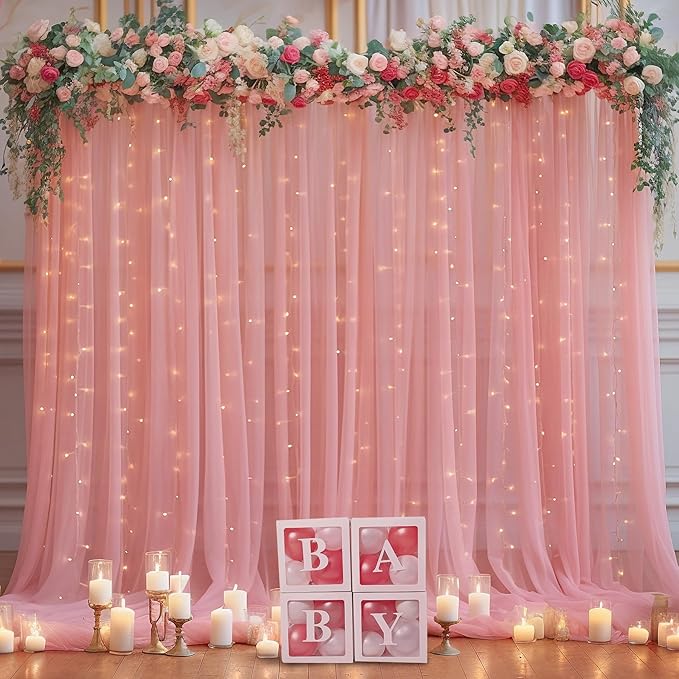 20x10ft Dusty Rose Tulle Backdrop Curtain with Lights String for Parites, Sheer Backdrop Curtains for Wedding Baby Shower Birthday Party Photo Shoot Decorations