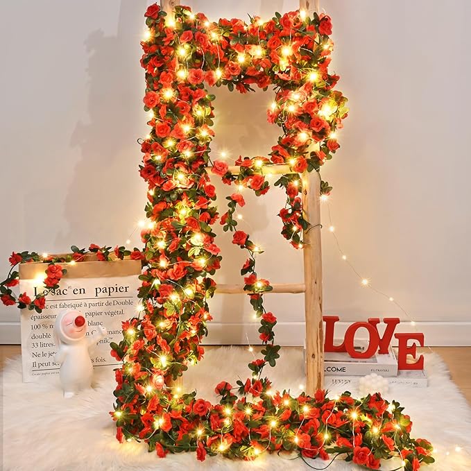 BLEUM CADE 5Pcs 41Ft Flower Garland Artificial Rose Vines with 32.8Ft String Lights, Cute Fake Hanging Flower Vines Floral Garland Decorations for Wedding Party Wall Room Decor Aesthetic
