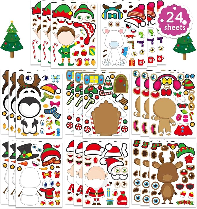 24 Sheets Christmas Stickers for Kids Make a Face Stickers Make Your Own Christmas Characters Mix and Match Stickers, Christmas Party Games Sticker for Christmas Party Favor Supplies School Rewards