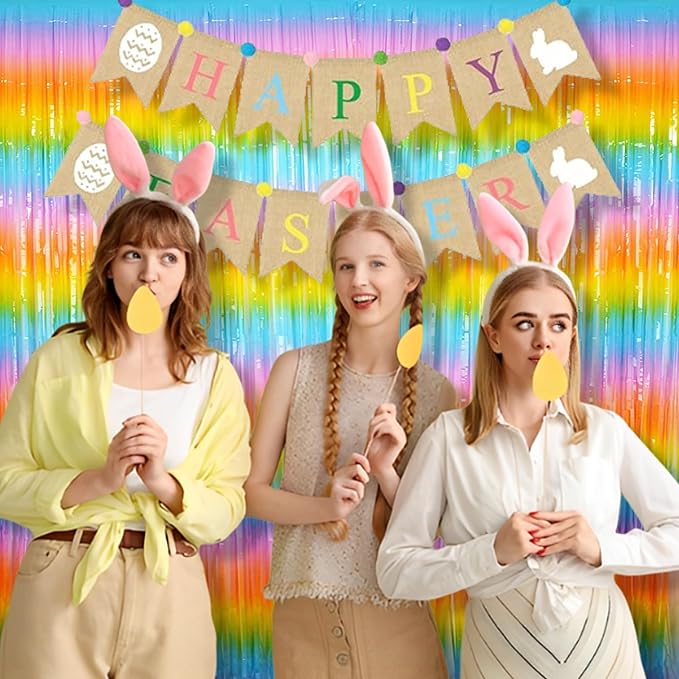 BRAVESHINE Colourful Tinsel Fringe Curtains - 2Pcs 3.2x8.2ft Holidays Photo Booths Streamers Backdrop for Easter/Princess/Pastel/Classroom/Bunny/Girl/Unicorn/Birthday/Bridal Shower Party Decorations