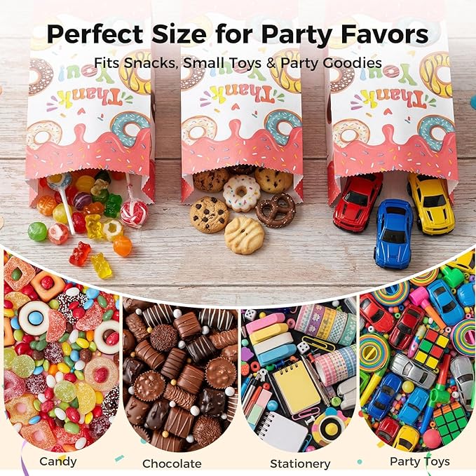 VGOODALL 24PCS Donut Party Favor Bags, Paper Gift Bags Goodie Bags with Stickers Candy Bags for Kids Birthday Party