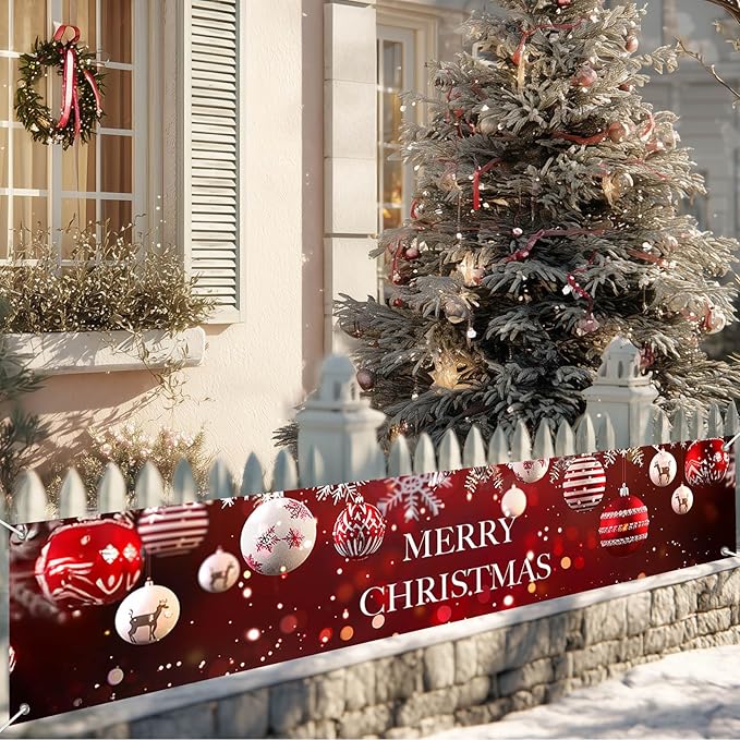 Merry Christmas Decorations Banner Polyester Fabric Ornaments Tree Branches Glitter Design for Indoor Outdoor Garden Fence Banner Outdoor Porch sign 118x20 Inch Party Supplies
