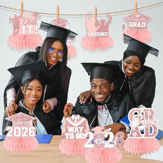 12pcs Graduation Table Decorations 2026,Pink Rose Gold Graduation Decorations Graduation Centerpieces for Tables Class of 2026 Centerpieces Honeycomb for 2026 Congrats Grad Table Decor (Pink)