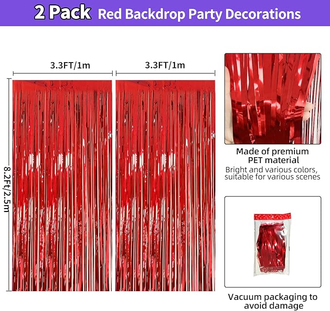 Valentines Day Decorations - Red Tinsel Backdrop Galentines Day Decorations 3.3x8.2ft, 2 Pack Foil Fringe Curtains Photo Booth Props for Birthday Party, Red Streamer Backdrop for Christmas
