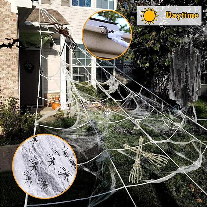 Halloween Decorations Outdoor, 250LED 23x18 FT Giant Spider Web with Purple Orange Lights, Lighted Triangular White Spider Web with Sturdy Wire, Waterproof, Timer, 8 Modes for Yard Halloween Décor