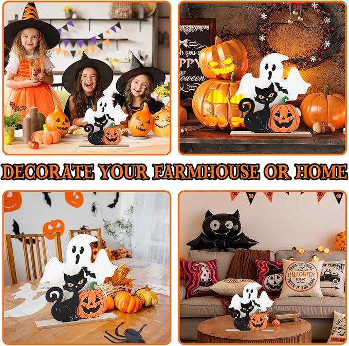 Halloween Decorations Indoor Wooden Black Cat Halloween Decor Ghost Table Sign Pumpkin Table Centerpieces Standing Tabletop Decoration for Holiday Desk Tiered Tray Party Shelf Decorations Farmhouse