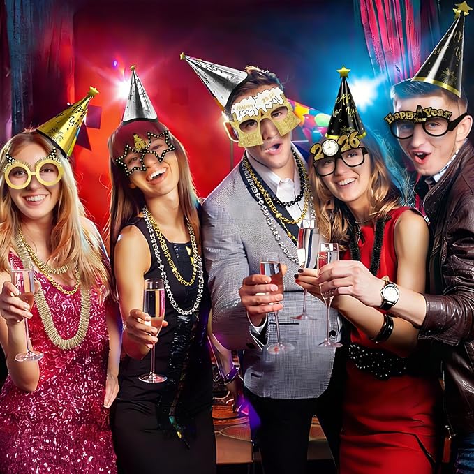 POILKMNI 92 Pcs New Years Eve Party Supplies - New Years Headbands, NYE Hats and Noisemakers for 46 People, Plastic Party Favors, Cone Hats, Horns, Glasses