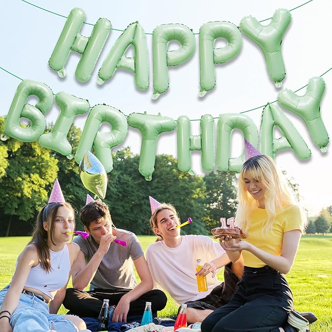 KALOR Olive Green Happy Birthday Balloons Banner, 16 Inch Mylar Foil Letters Balloon Sign for Birthday Party Decorations Photo Booth Backdrop