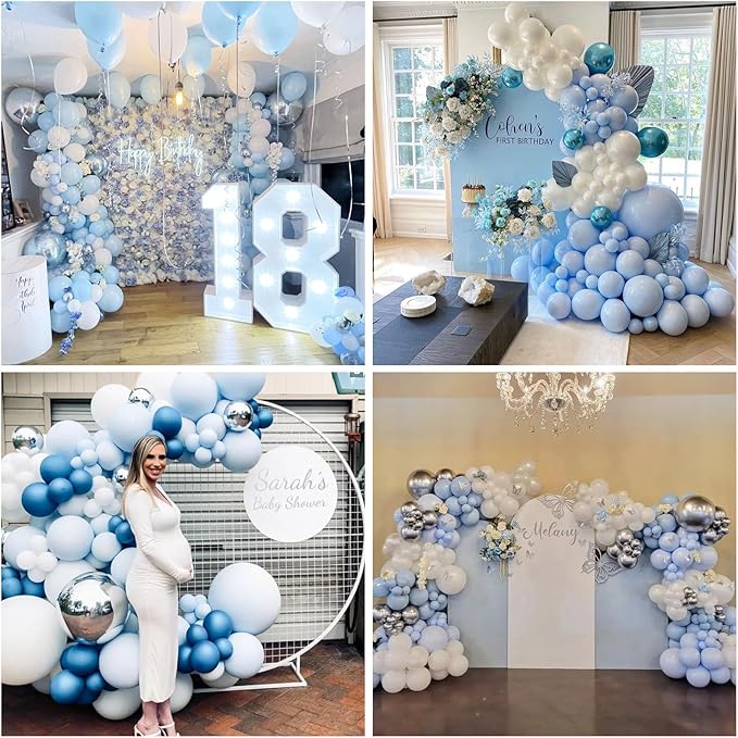 Blue White Balloon Arch Kit Baby Blue White Silver Balloon Garland 4D Silver Foil Balloons Pastel Light Blue Silver Latex Balloons Christening Boy Birthday Baby Shower Party Decorations QQ-113