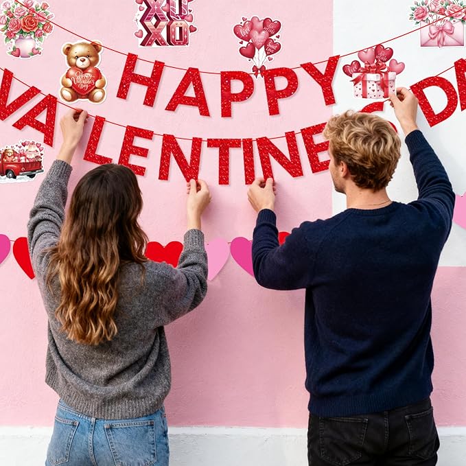 Valentines Day Decorations Set - Heartwarming Valentine's Day Banner & Hanging Swirls for Home, Office, Classroom Indoor, Anniversary & Valentine's Day Party Supplies