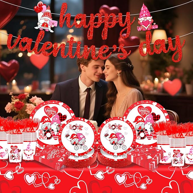 Happy Valentines Plates and Napkins: 121pcs Happy Valentines Party Decorations with Valentines Day Plates and Napkins Sets Happy Vablentine's Day Banner for Room Home Decor