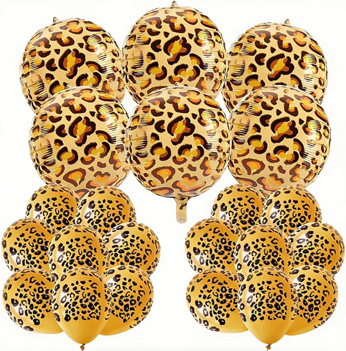 31PCS Cheetah Balloons Set with 6 Pcs 22 Inch Cheetah Print Aluminum Foil Balloons & 25 Pcs Leopard Spots Latex Balloon for Wildlife Animal Zoo Jungle Safari Themed Birthday Party Decoration