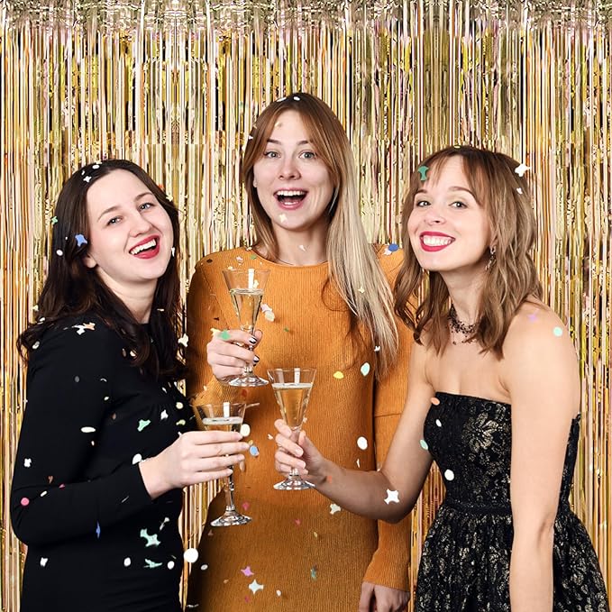 12 Pack Champagne Gold Foil Curtain Backdrop 3.2ft x 6.6ft Metallic Tinsel Fringe Backdrop Curtains Streamer Photo Booth for Birthday Engagement Bachelorette Christmas Holiday Party Décor