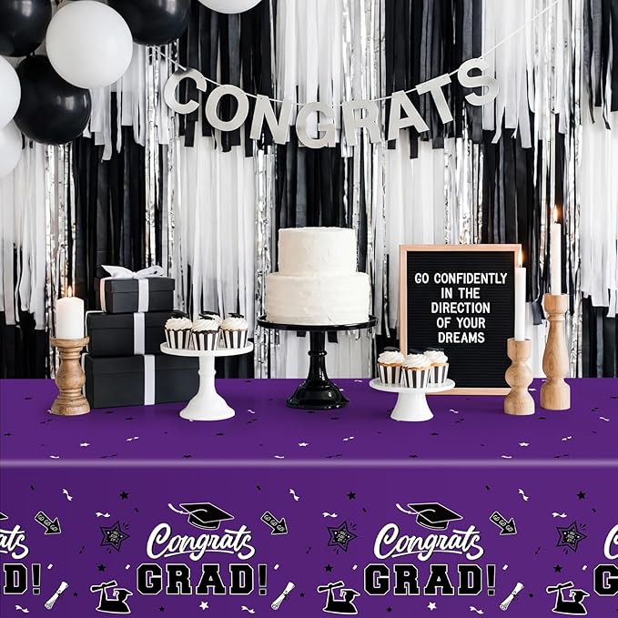 2-Piece 54 x 108 Inch Graduation Plastic Tablecloth – Graduation Disposable Rectangle Table Covers with “Congrats Grad” Design for Class of 2026 Party, School and Home Decorations