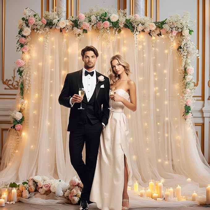 30x10ft Champagne Tulle Backdrop Curtain with Lights String for Parites, Sheer Backdrop Curtains for Wedding Baby Shower Birthday Party Photo Shoot Decorations