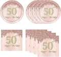 50th Rose Gold Birthday Plates and Napkins, 9 Inch Pink Rose Gold Disposable Dinner Dessert Plates Happy 50th Birthday Party Supplies Decorations for Girls Women