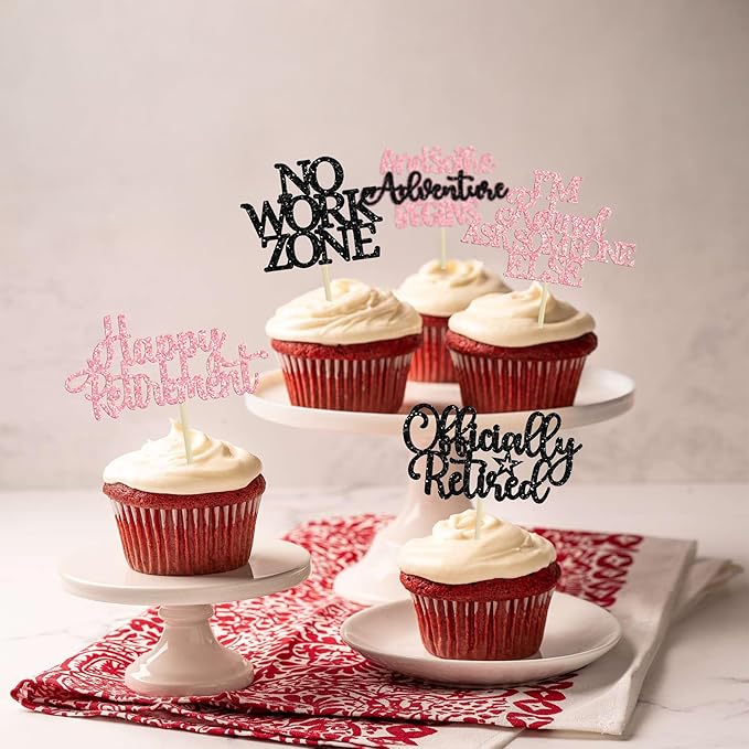 Gyufise 30Pcs Happy Retirement Cupcake Toppers Officially Retired Cake Toppers No Work Zone Adventure Begins Cupcake Picks for Retirement Theme Farewell Birthday Party Decorations Supplies Pink Black