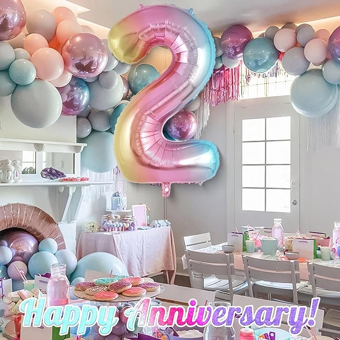 Rainbow Gradient Number 2 Balloon, 40 Inch Big Large Foil Number Balloons, Jumbo Mylar Number 2 Balloons for 2 Second Birthday Party Decorations Supplies Anniversary Celebration