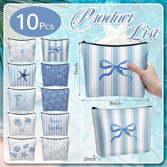 10 Pcs Ocean Themed Cosmetic Bags Bulk Zipper Pouch Makeup Bag for Women Girls Sea Weekend Travel Vacation Trip Gifts Supplies Nautical Party Favors Beach Accessories