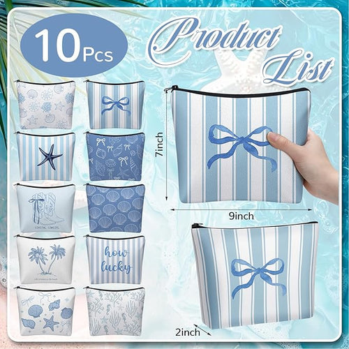 10 Pcs Ocean Themed Cosmetic Bags Bulk Zipper Pouch Makeup Bag for Women Girls Sea Weekend Travel Vacation Trip Gifts Supplies Nautical Party Favors Beach Accessories