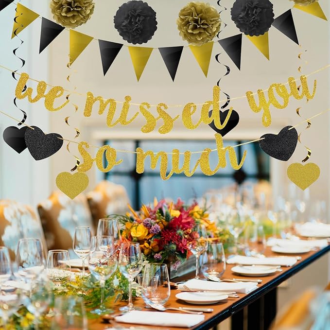 We Missed You So Much Banner, 12Pcs Triangle Flags, 6Pcs Pom Poms Paper Flower Balls, 6Pcs Hanging Swirls Welcome Back Welcome Home Decoration Families Friends Colleague’s Return Celebration Decor Kit