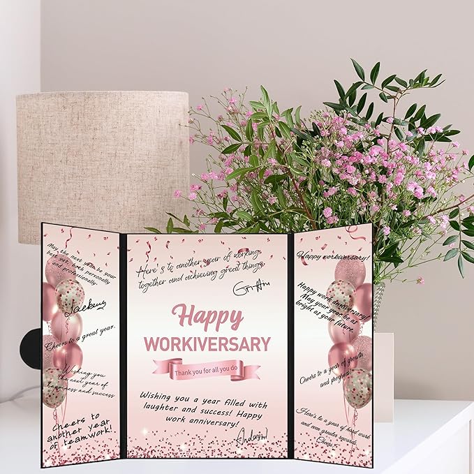 DARUNAXY Rose Gold Happy Workiversary Party Decorations, Happy Work Anniversary Alternative Signature Guest Book for Women Pink Employee Business Gifts Signing Card Board for Office Supplies