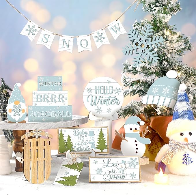 15 Pcs Winter Tiered Tray Decor Snowman and Snowflakes Wooden Signs Farmhouse Winter Tiered Tray Decorations Set Wood Table Decor for Holiday Home Kitchen