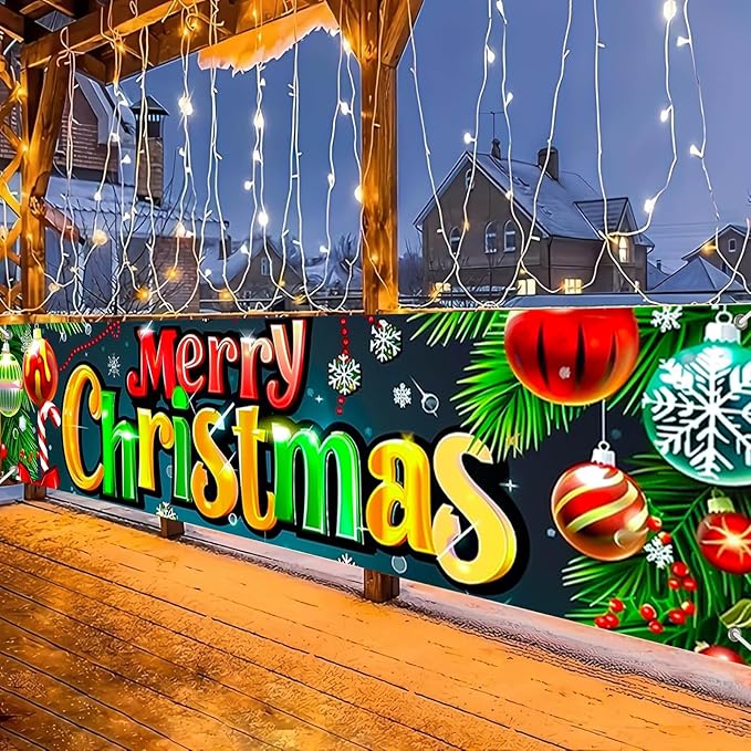 Merry Christmas Decorations Banner 118x20 Inch Polyester Fabric Ornaments Tree Branches Holly Design for Indoor Outdoor Garden Fence Banner Outdoor Porch sign Party Supplies