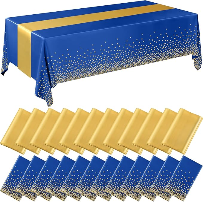 Breling 24 Packs Navy Blue and Gold Disposable Plastic Tablecloths and Satin Table Runner Set, 54 x 108 Inch Tablecloth, 12 x 108 Inch Table Runners for Wedding Graduation Birthday Baby Shower