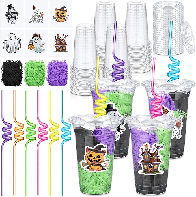 Qinyoung 24 Set Creative Halloween Classroom Favor Trick or Treat Plastic Cup with Lid Colorful Straw Sticker and Raffia Treat Loot Bag Set for Kid Student Halloween Party Favor School Class Gift Idea