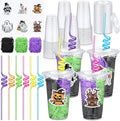 Qinyoung 24 Set Creative Halloween Classroom Favor Trick or Treat Plastic Cup with Lid Colorful Straw Sticker and Raffia Treat Loot Bag Set for Kid Student Halloween Party Favor School Class Gift Idea