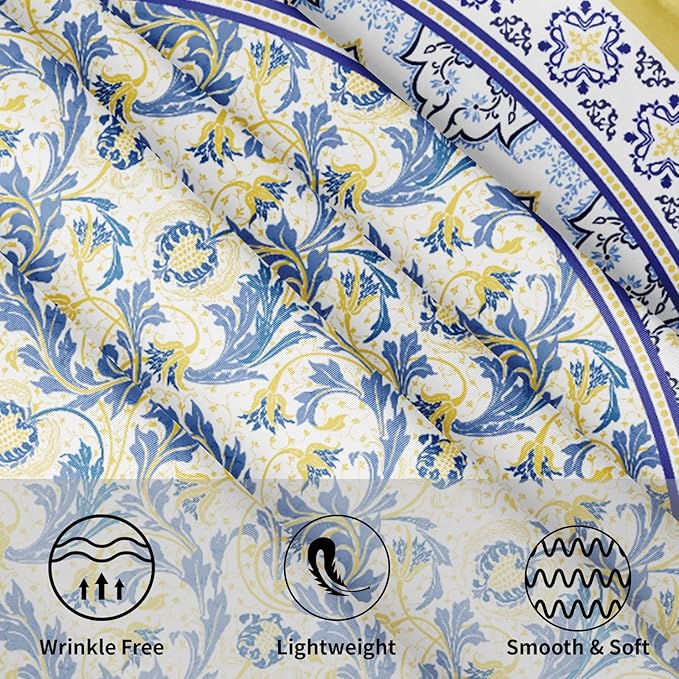 Yellow and Blue Floral Tablecloth Round 70 Inch Farmhouse Boho Tablecloth Spring Summer Fabric Table Cloth With Wrinkle Resistant For Kitchen Holiday Picnic Party Dinner Room Indoor Outdoor Decor