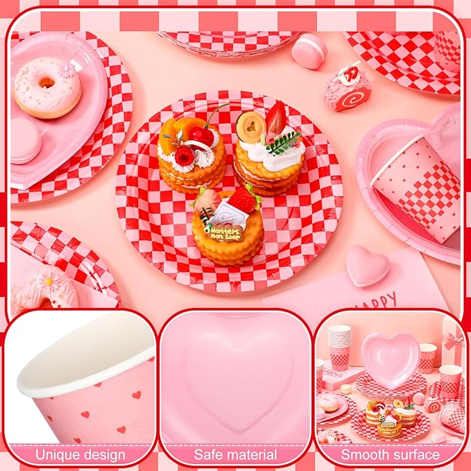 Zhehao 112 Pcs Valentine's Day Party Supplies Set for 24 Guests Paper Plates 9 oz Cups Napkins and Cutlery Pink and Red Plaid Ladies Celebration Party Decor Women Supplies