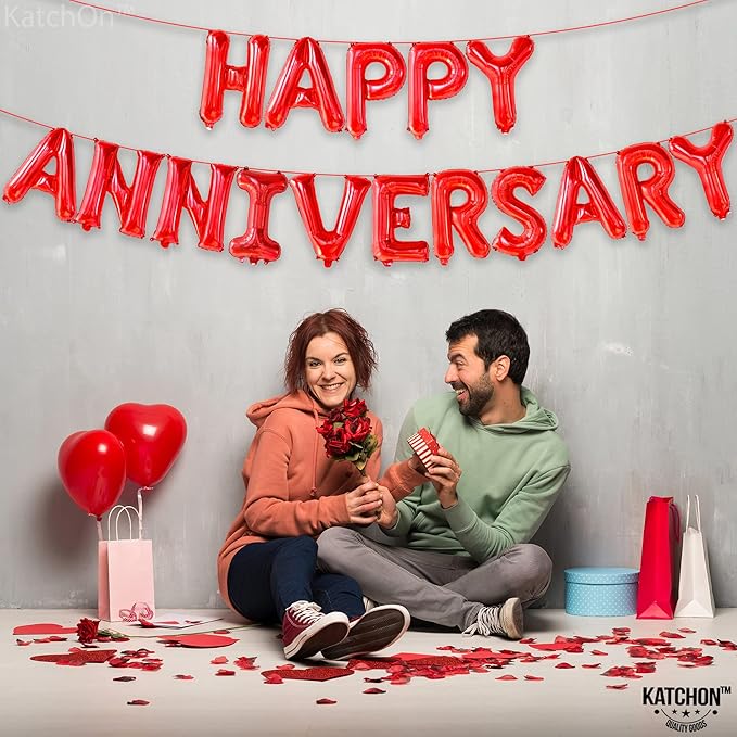 KatchOn, Red Happy Anniversary Balloons Banner - 16 Inch | Happy Anniversary Decorations | Red Happy Anniversary Backdrop