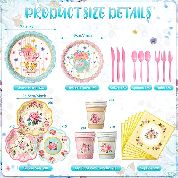 240 Pcs Tea Party Supplies 30 Guests Include Disposable Dinner Plates Dessert Plates Cups Saucers Napkins Knives Forks Spoons Floral Tea Party Tableware Set for Birthday Baby Shower Favors