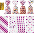 Aegero 120 Pack Purple/Pink (wave dots/ wave stripes /diagonal stripes/Star Printed)Cellophane Treat Bags,10.63 x 5.12 Inch Plastic Candy Goodies Bags with 140 Pcs Twists for Valentine,Birthday,Bakery,Wedding,Gift Cookie Snack Packing,Party Favor Supplies