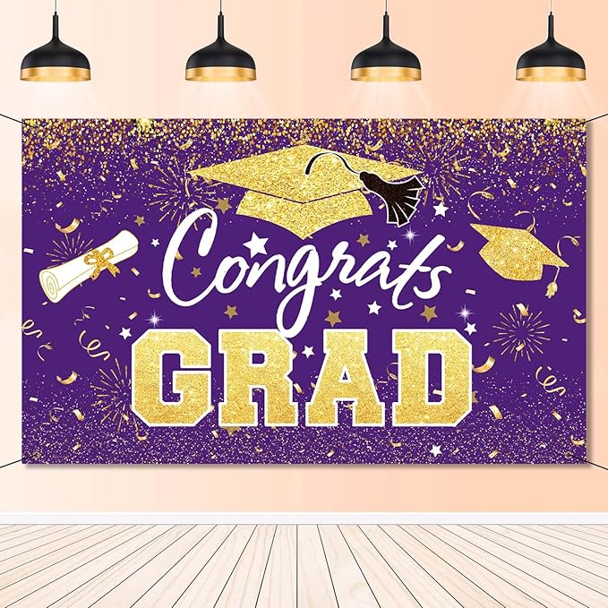 Graduation Party Decorations - Purple Gold Congrats Grad Class of 2026 Backdrop Banner Large Sign Wall Decorations Photography Background Party Supplies for 2026 Graduation Party Decorations
