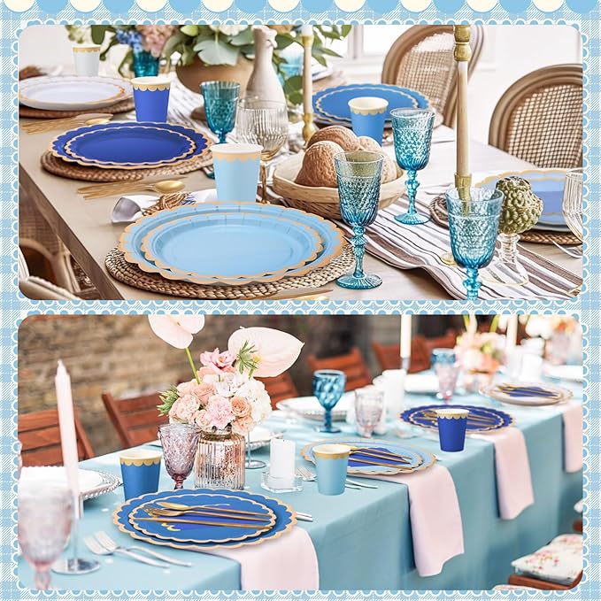 Mimorou 169 Pcs Blue Plates and Napkins Party Supplies for Guests Blue Tableware Include Scalloped Plates Paper Napkin Cup Spoon Fork Knife for Baby Shower, Wedding, Birthday