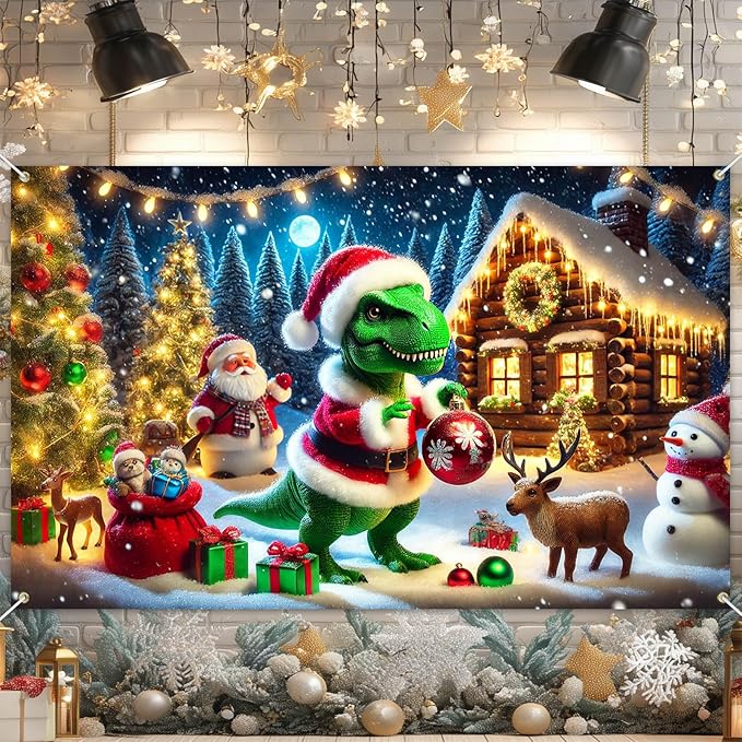 Christmas Banner Dinosaur Santa Claus Holiday Winter Wonderland Decorations Photo Backdrop Snow Scene Party Decor Tree Lights Gifts Reindeer Background for Wall 71 X 43 Inches
