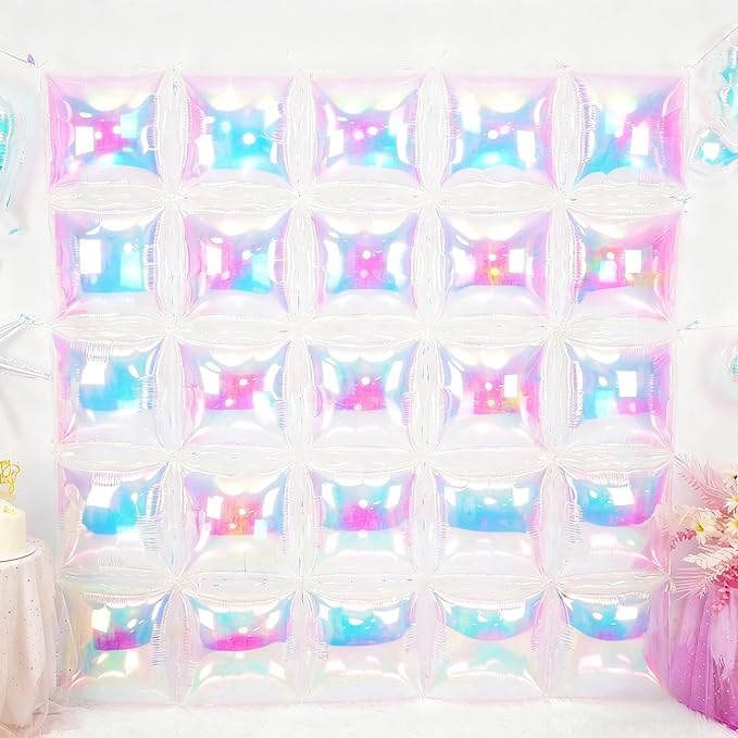 Iridescent Square Foil Balloons Wall, Double Sided Chrome Holographic Rainbow Foil Balloons Wall Backdrop, Shiny Iridescent Balloons for Wedding Anniversary Mermaid Birthday Disco Party Decorations
