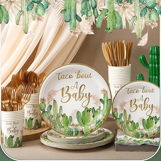 350 Pcs Taco' Bout A Baby Party Decorations Cactus Taco Pampas Grass Baby Shower Party Tableware Set Disposable Plates Cups Napkins Cutlery for Birthday Baby Shower Wizard Party, Serve 50