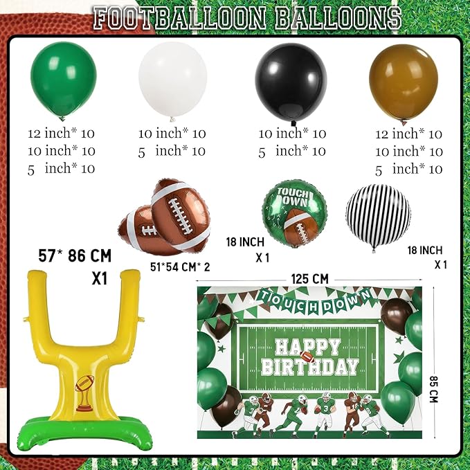 Football Balloon Garland Arch Kit dark green brown Balloons with backdrop Goal Post Mylar Balloons for Sports Birthday Boys first year touch down party decorations