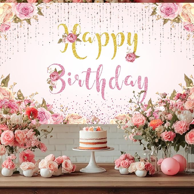 Happy Birthday Banner Pink Birthday Party Backdrop for Women Girls birthday sign Courtyard Photography Background Indoor Outdoor 71 x 47 inches